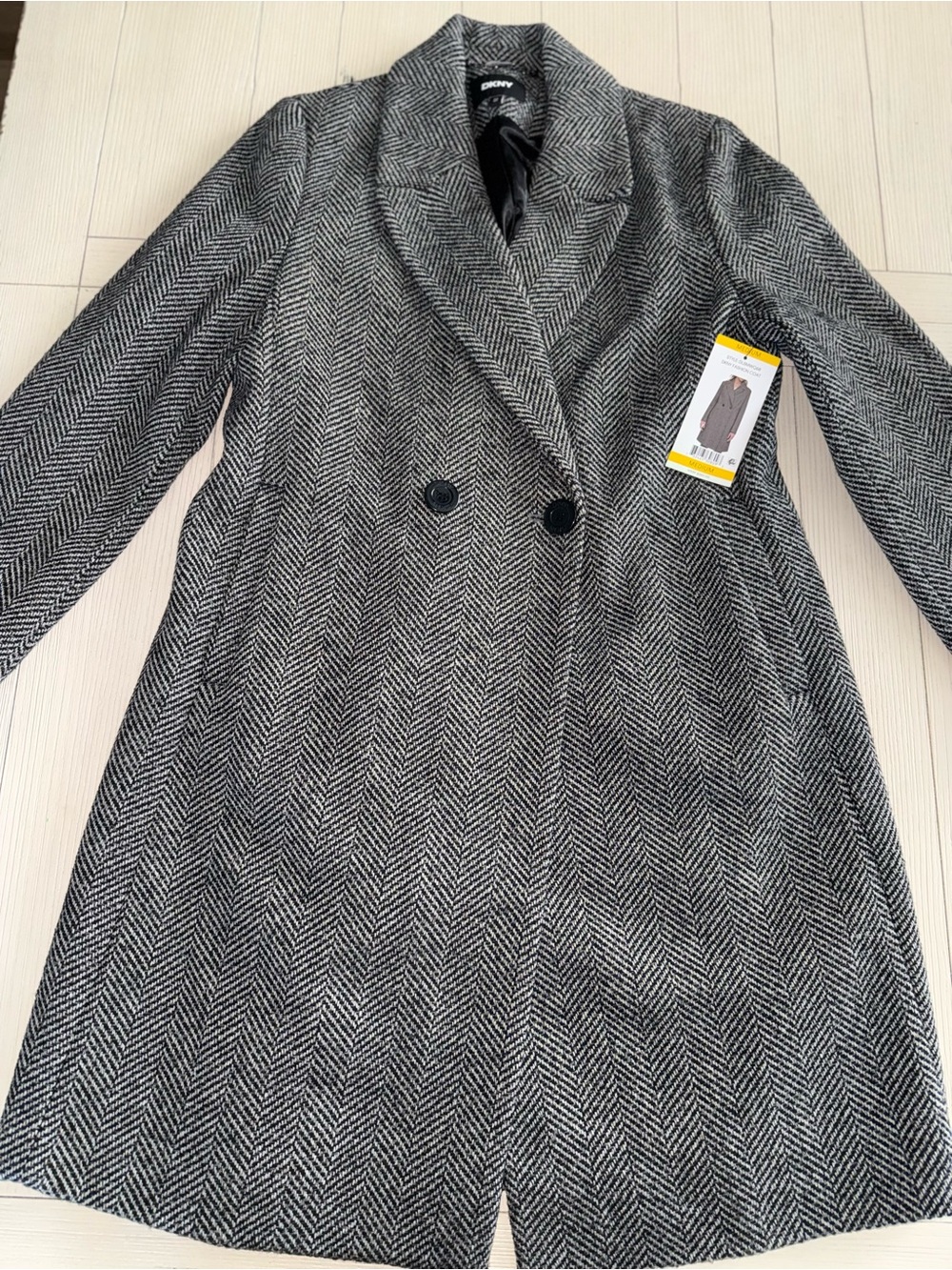 DKNY Black and White Herringbone Double-Breasted Trench Coat